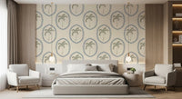 Each oval circles a sketched palm tree across Beachy Boho Palm Oasis Medallion wallpaper.