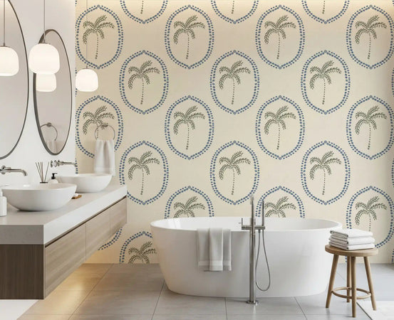 Bathroom feature takes on coastal calm from Beachy Boho Palm Oasis Slate Blue Medallion wallpaper., GD9633