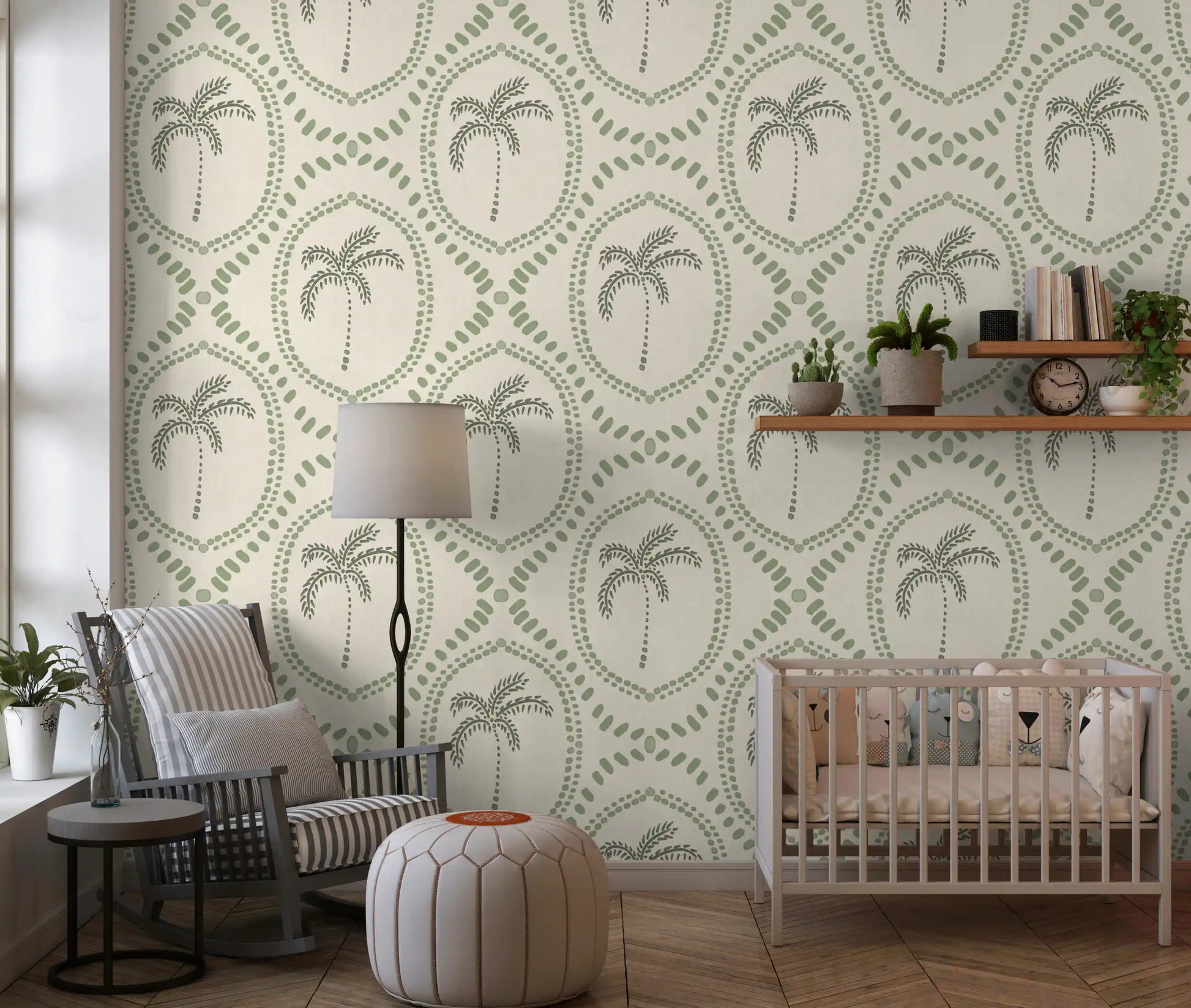 Nursery room greenery from Beachy Boho Palm Oasis Coastal Green wallpaper.