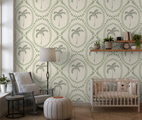 Nursery room greenery from Beachy Boho Palm Oasis Coastal Green wallpaper.