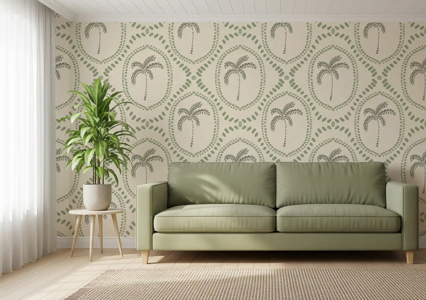 Two layered green dotted rings frame each shape on Beachy Boho Palm Coastal Green wallpaper.
