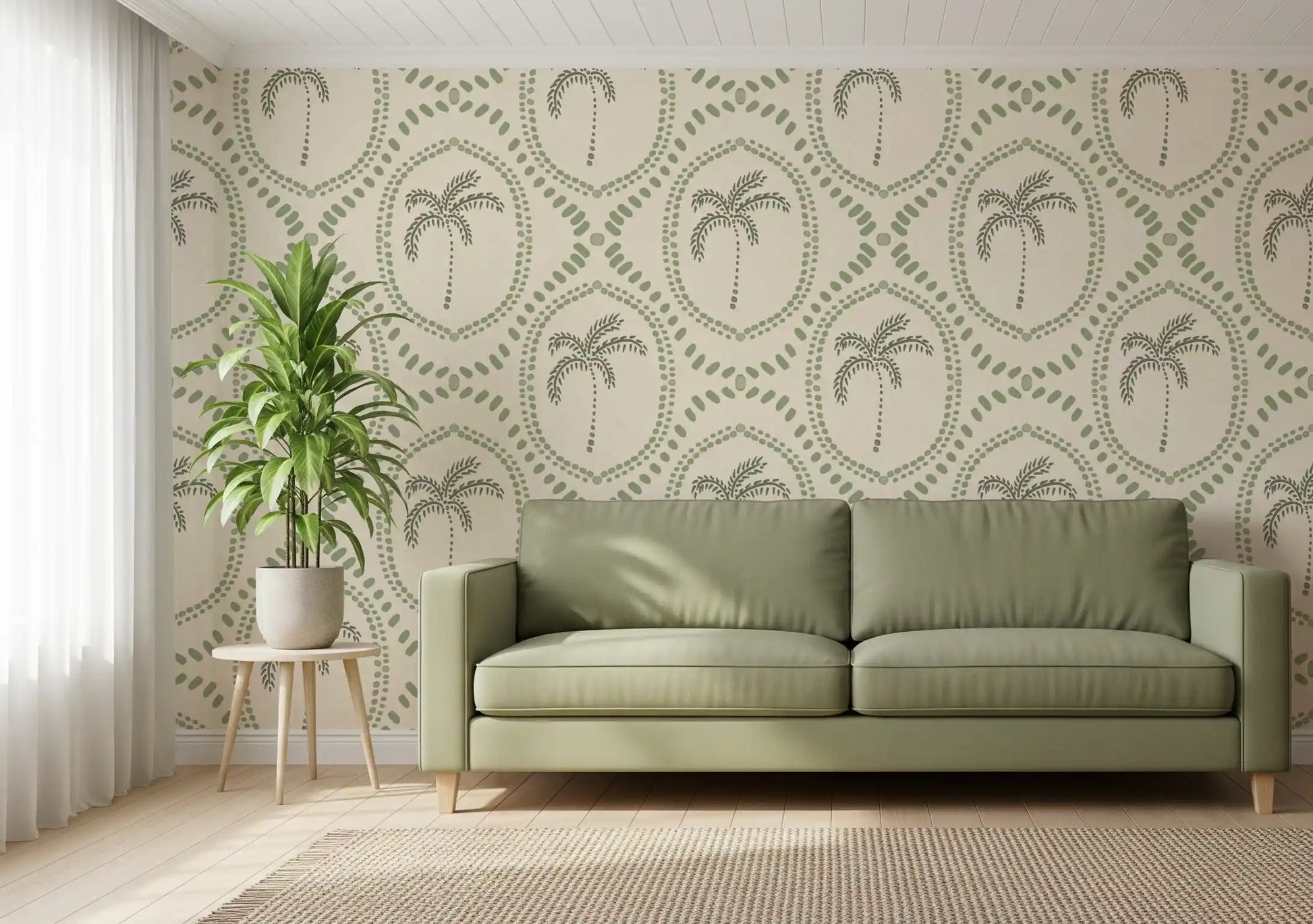 Two layered green dotted rings frame each shape on Beachy Boho Palm Coastal Green wallpaper.