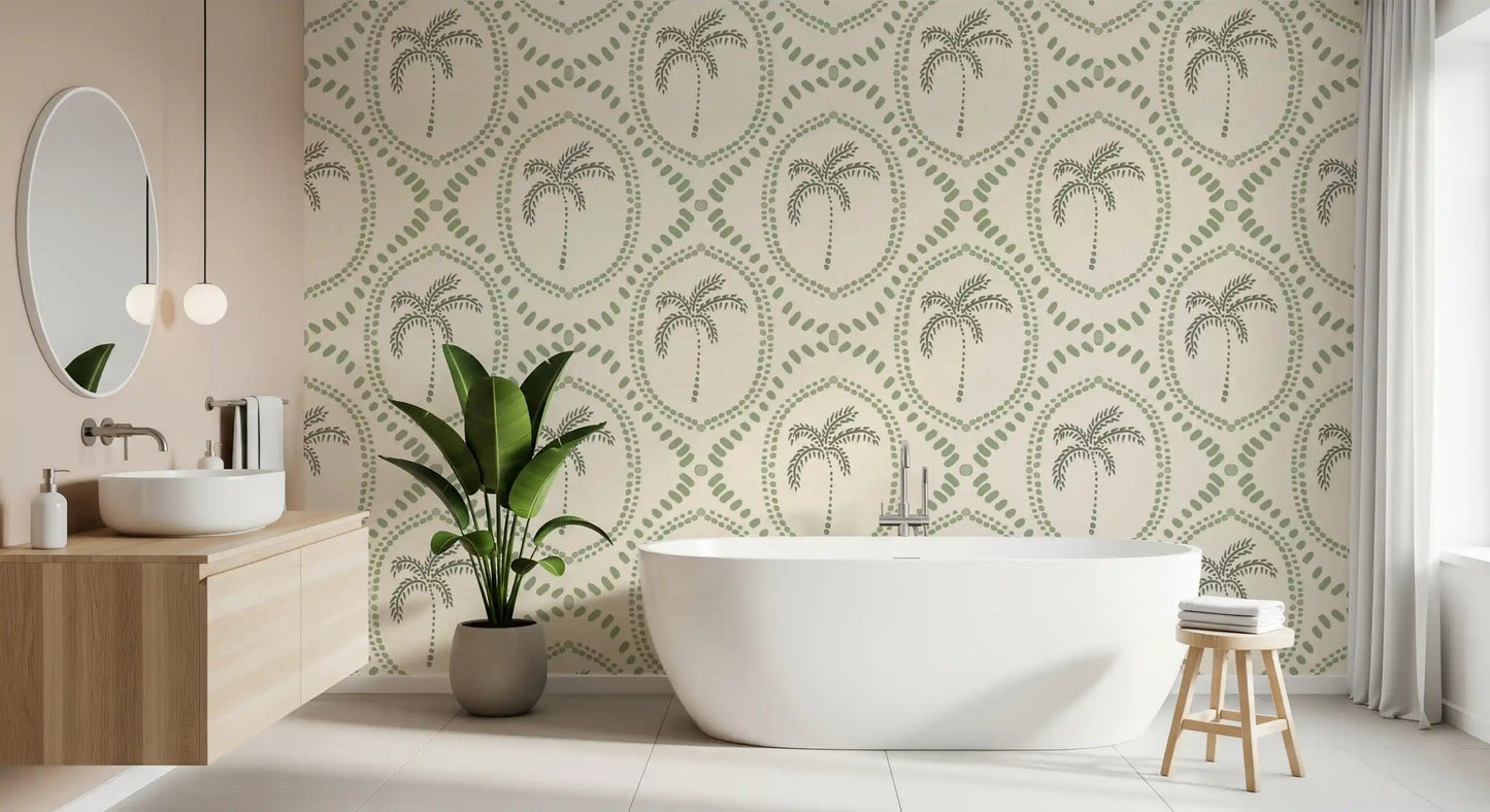 Sketched palms anchor every oval centre across Beachy Boho Palm Coastal Green wallpaper.