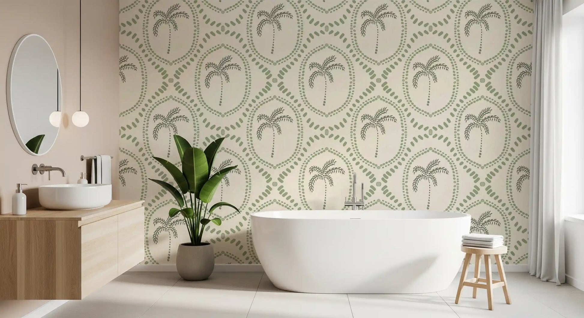 Sketched palms anchor every oval centre across Beachy Boho Palm Coastal Green wallpaper.