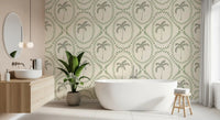 Sketched palms anchor every oval centre across Beachy Boho Palm Coastal Green wallpaper.