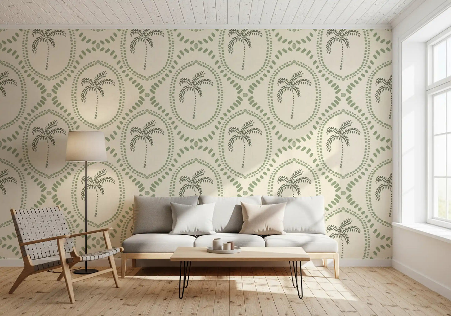 Living room reads softer through Beachy Boho Palm Oasis Coastal Green wallpaper.