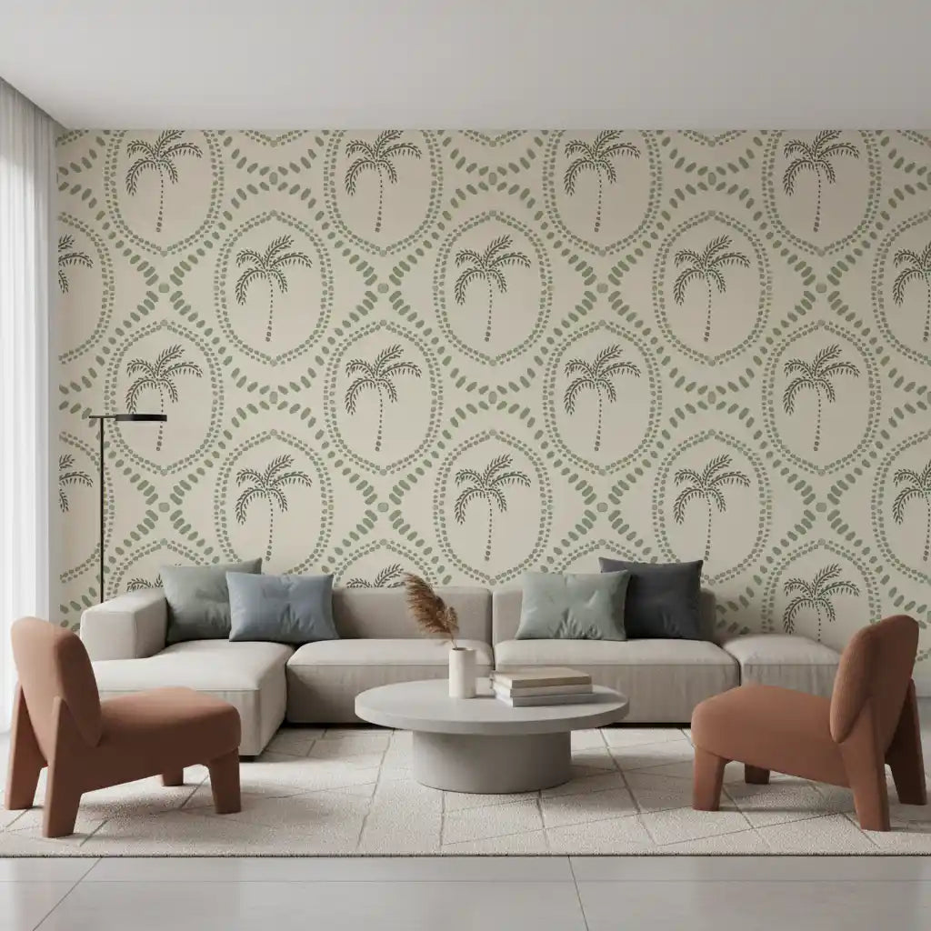 Hallway runs lighter with Beachy Boho Palm Coastal Green bead wallpaper across the length.