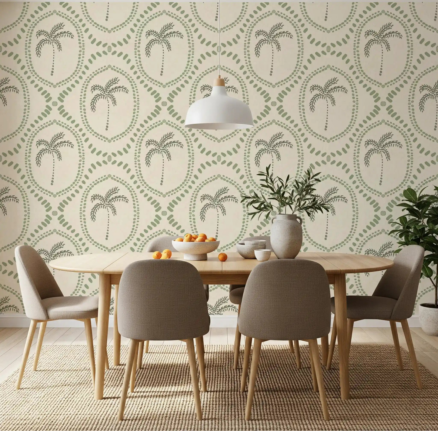 Sage bead medallions stretch across the dining area on this Beachy Boho Palm Coastal Green wallpaper.