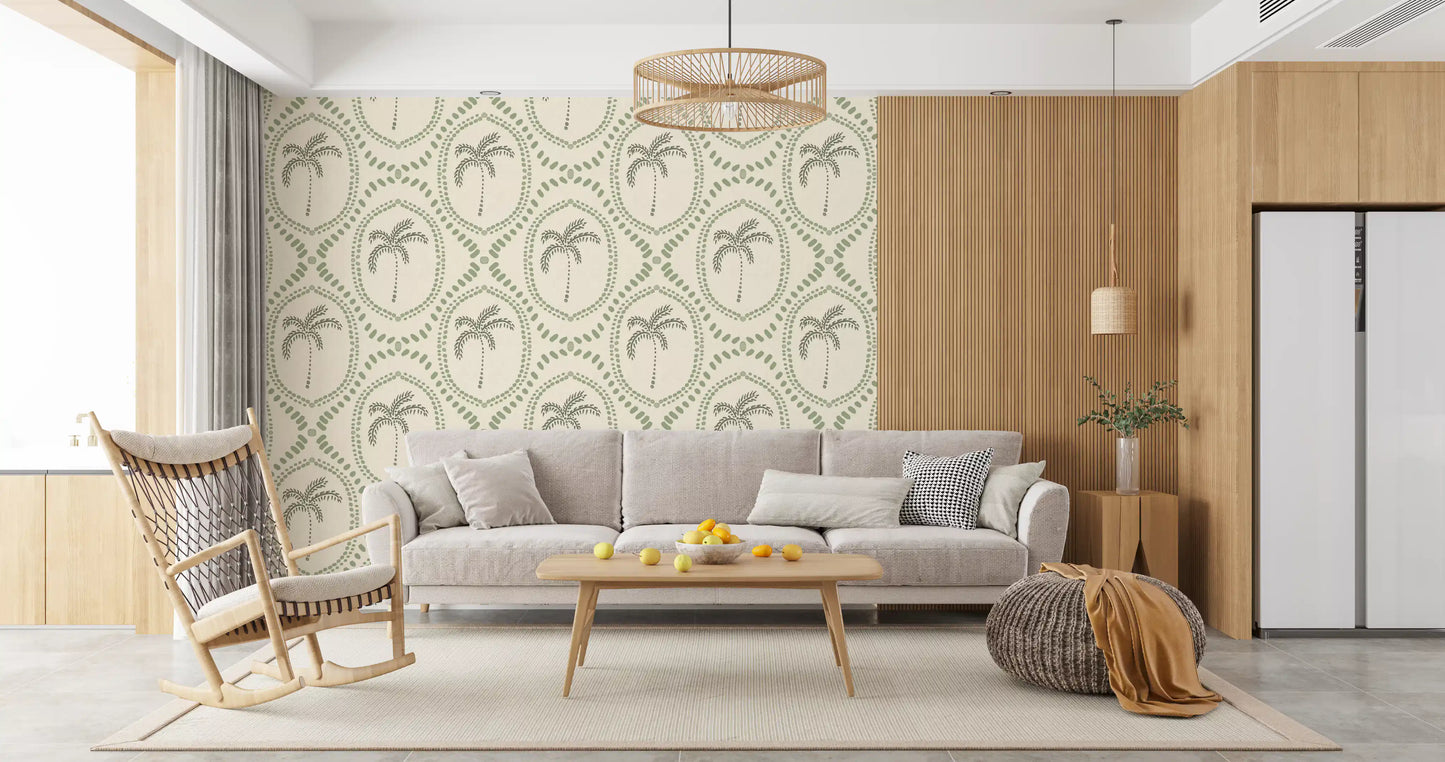 Living room turns calmer behind the cream base of Beachy Boho Palm Coastal Green wallpaper.