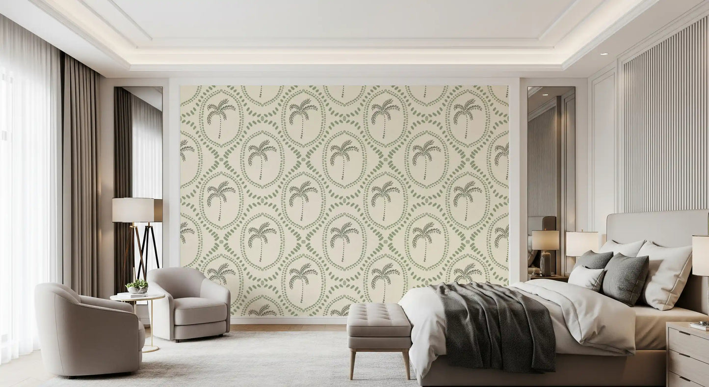 Creamy ivory sits behind the green bead detail on Beachy Boho Palm Coastal Green wallpaper.