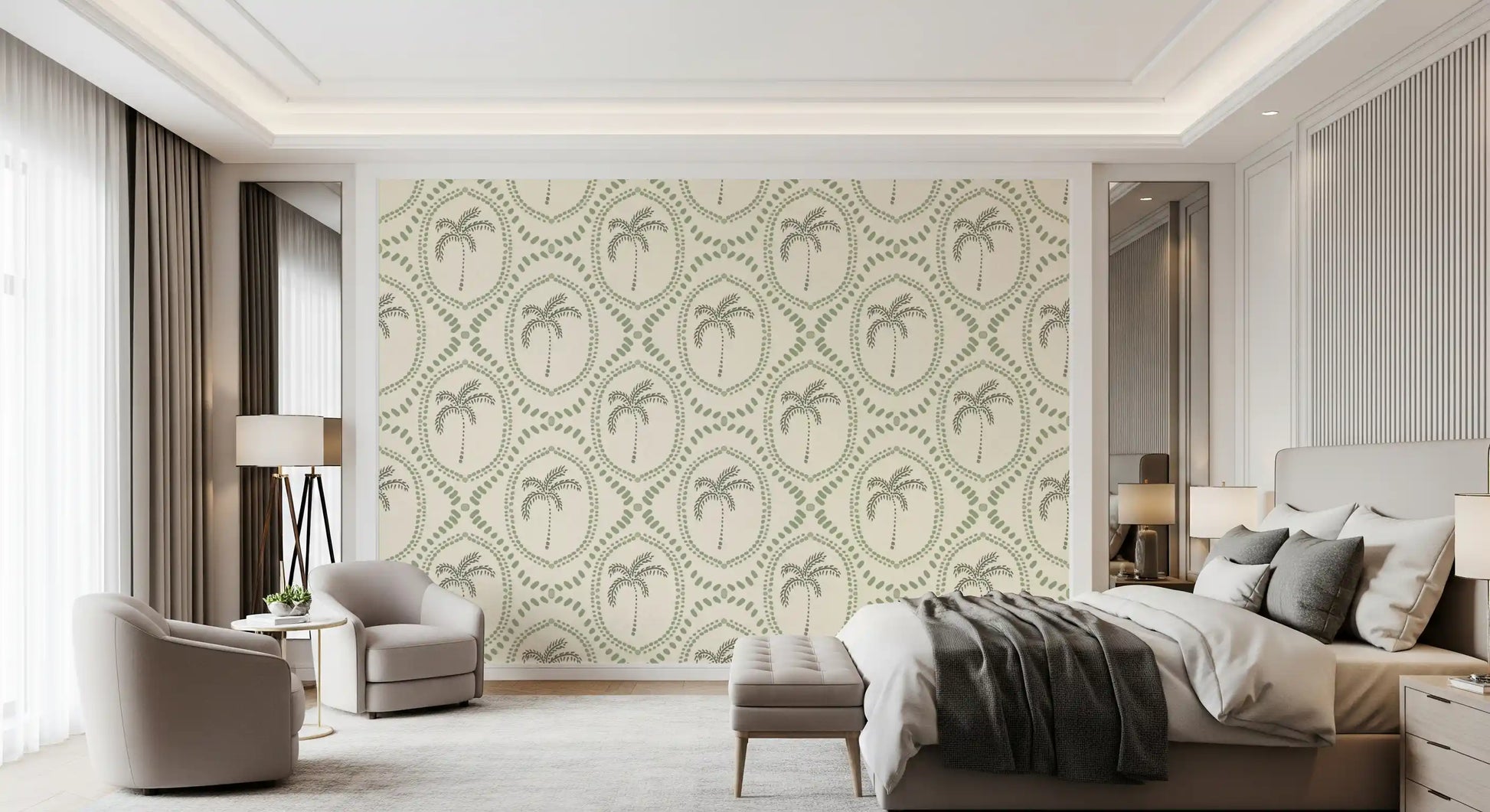 Creamy ivory sits behind the green bead detail on Beachy Boho Palm Coastal Green wallpaper.