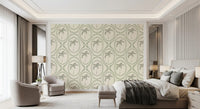 Creamy ivory sits behind the green bead detail on Beachy Boho Palm Coastal Green wallpaper.
