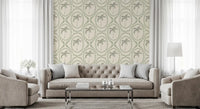 Sage green dot bands ring each palm motif on Beachy Boho Palm Oasis Coastal Green wallpaper.