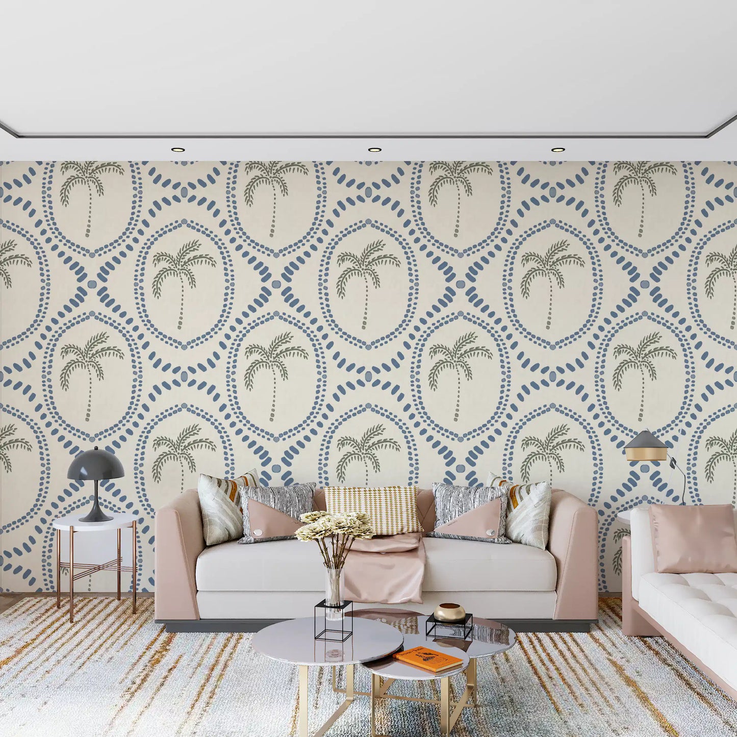 Creamy ivory sits behind the bead detail on Beachy Boho Palm Slate Blue boho wallpaper.