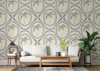 Cool slate blue medallions stretch across the living room behind this Beachy Boho Palm Oasis wallpaper.