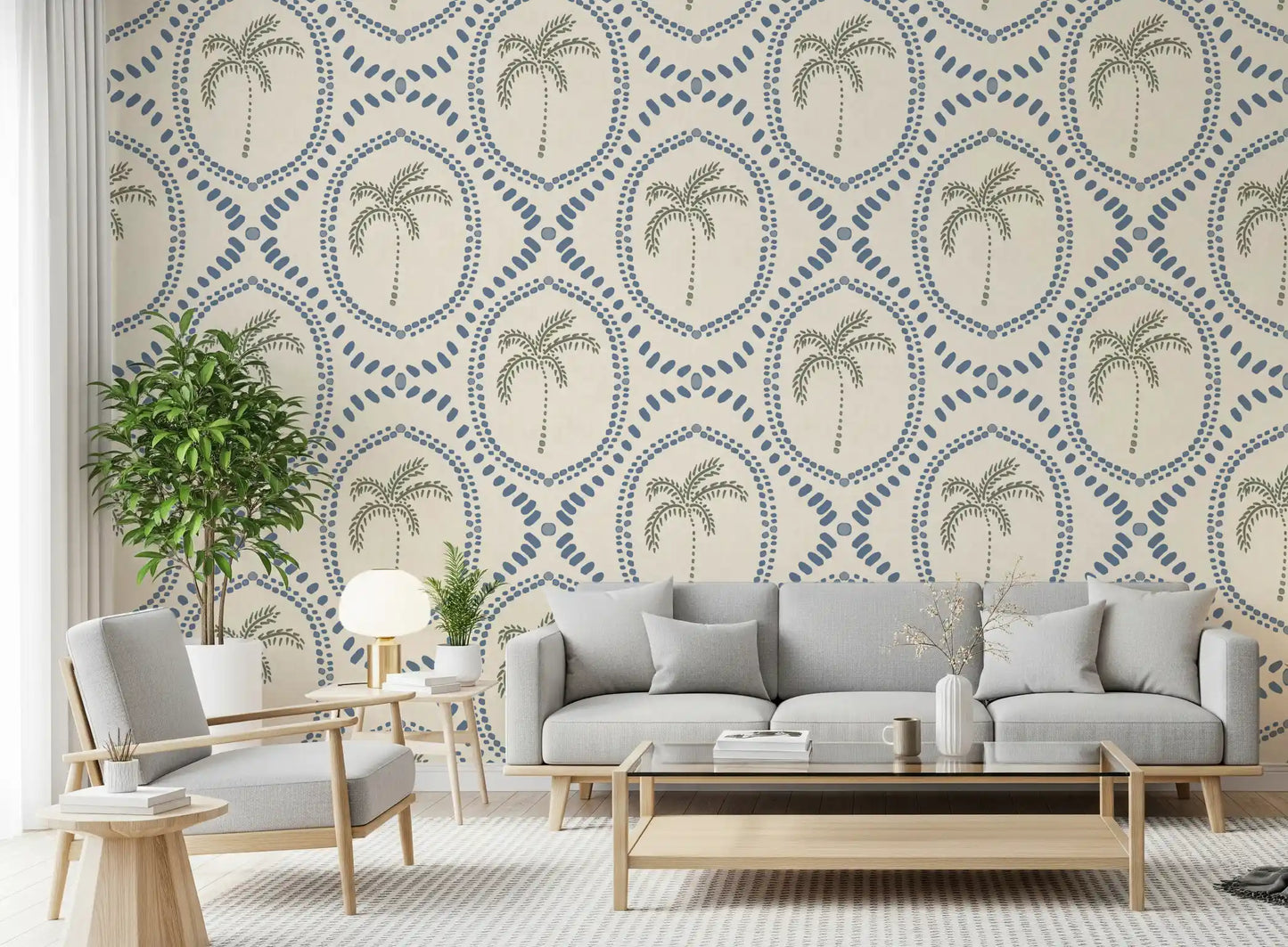 Living room turns coastal through Beachy Boho Palm Oasis Slate Blue wallpaper detail.