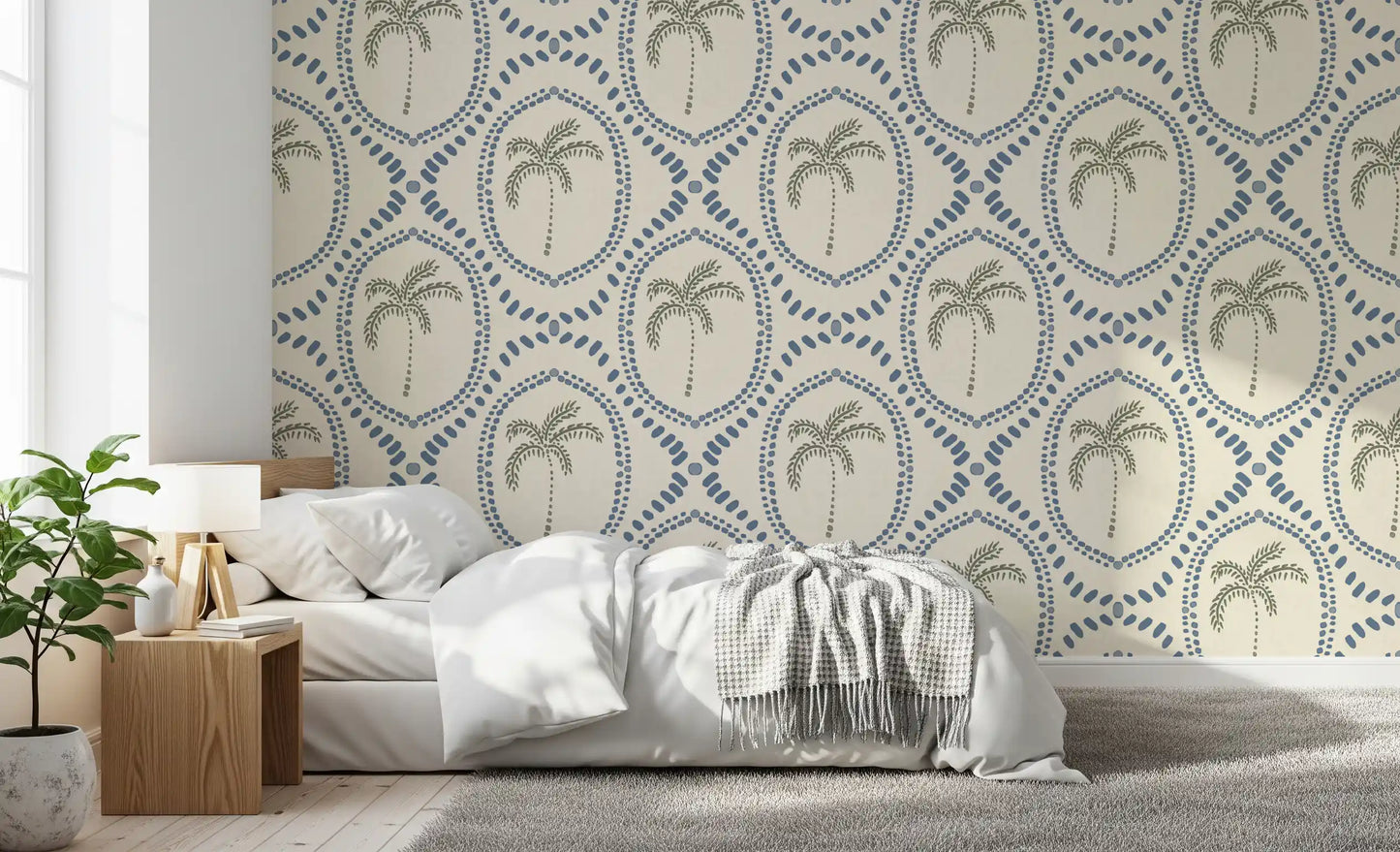 Bedroom  through Beachy Boho Palm Oasis Slate Blue bead wallpaper.

