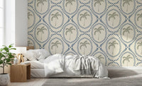 Bedroom  through Beachy Boho Palm Oasis Slate Blue bead wallpaper.

