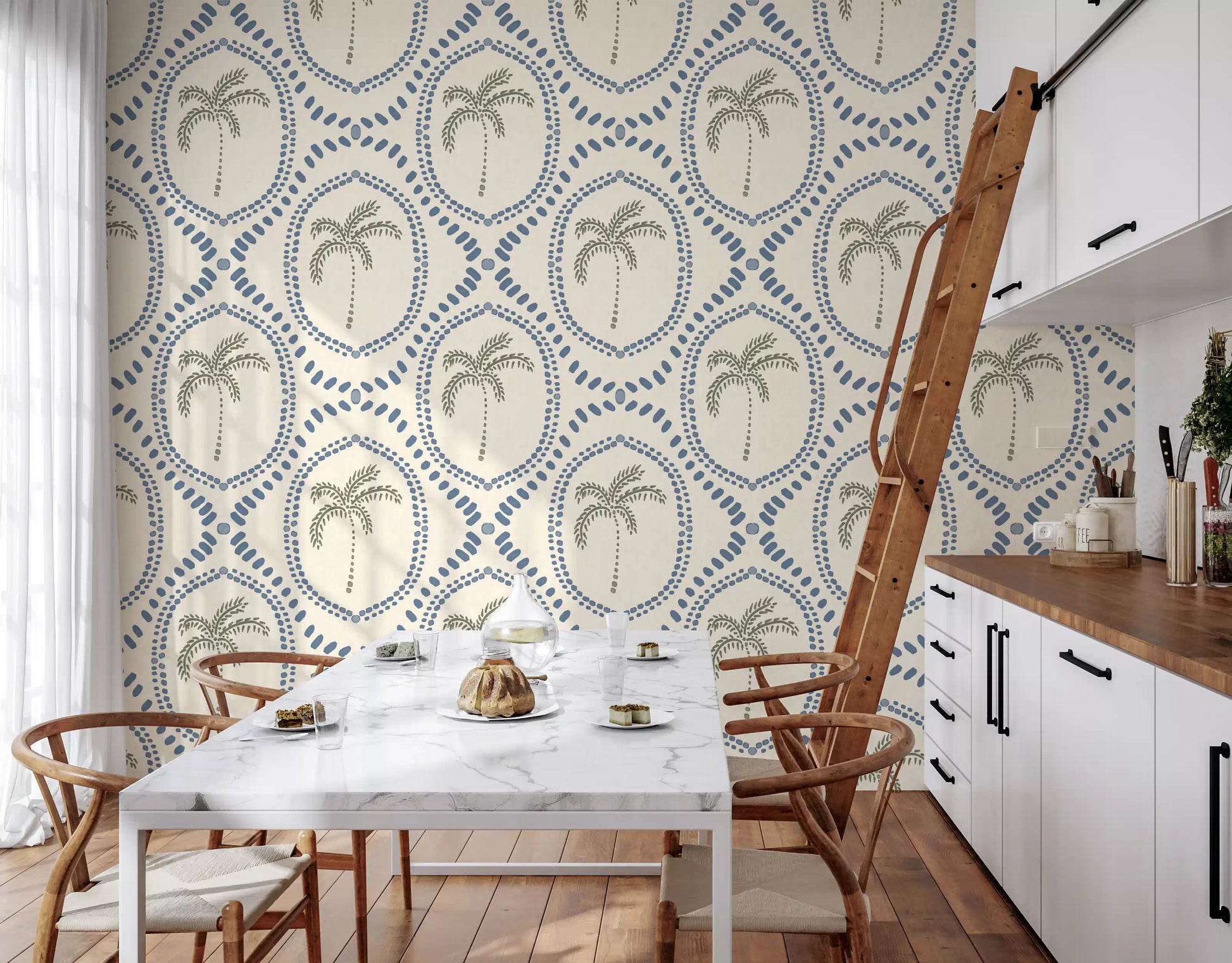 Slate blue dot bands ring each palm motif on Beachy Boho Palm Oasis Slate Blue wallpaper.