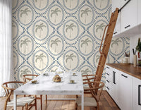 Slate blue dot bands ring each palm motif on Beachy Boho Palm Oasis Slate Blue wallpaper.