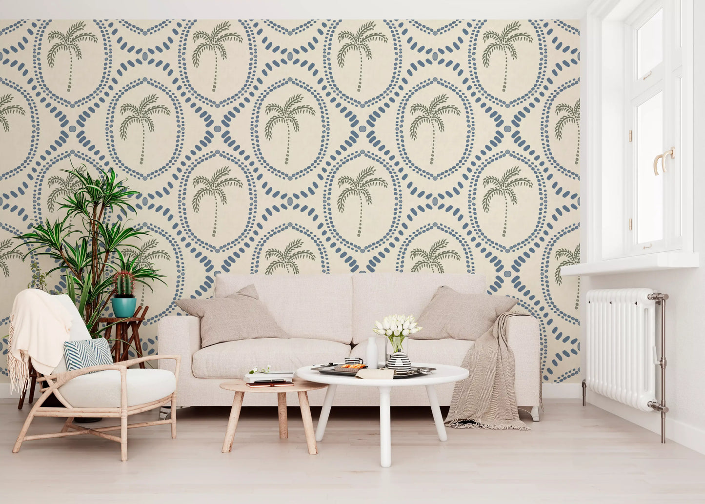Hallway pick up gentle pattern motion with Beachy Boho Palm Slate Blue wallpaper.
