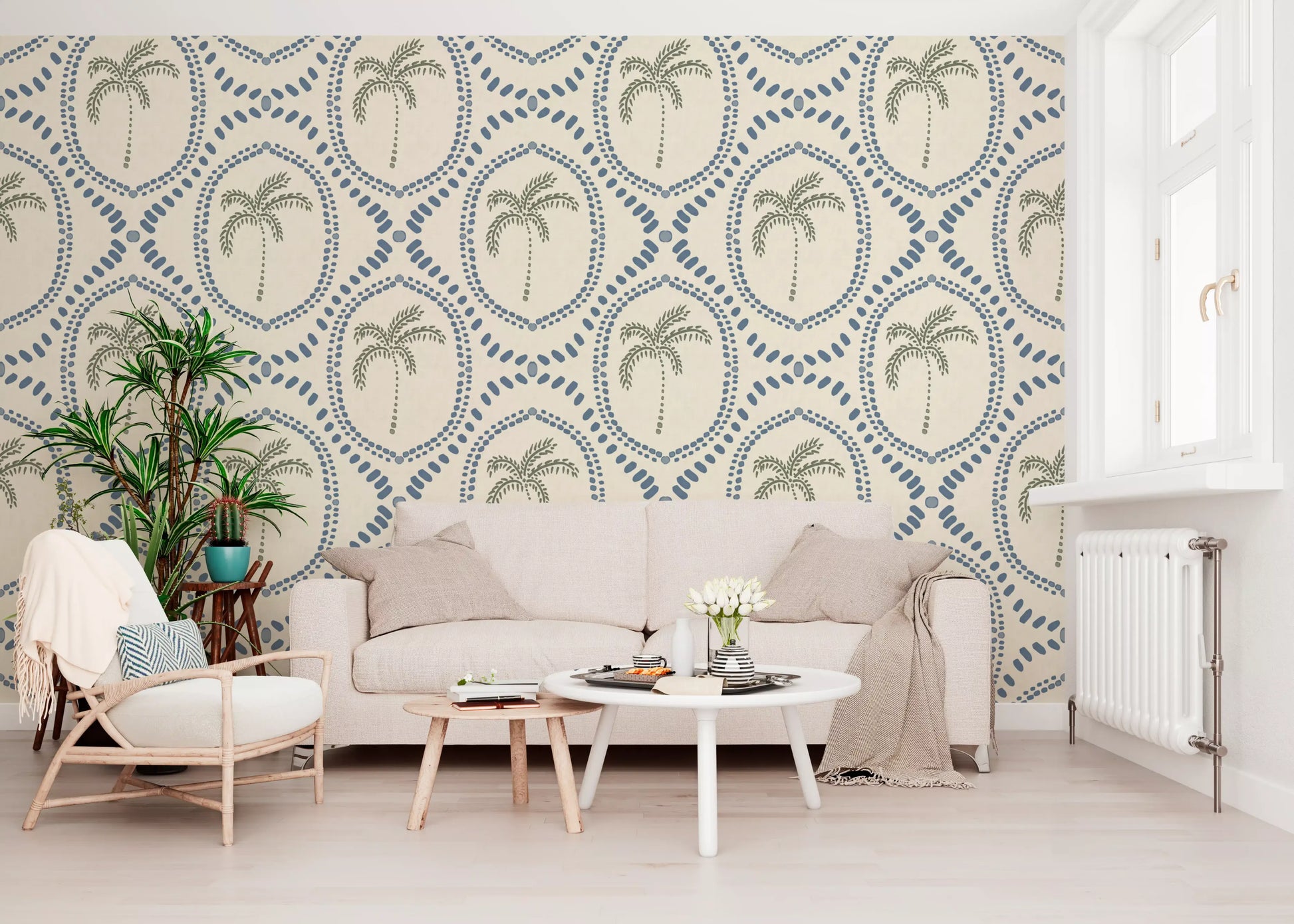 Hallway pick up gentle pattern motion with Beachy Boho Palm Slate Blue wallpaper.
