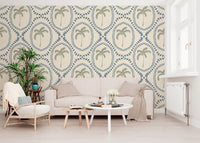 Hallway pick up gentle pattern motion with Beachy Boho Palm Slate Blue wallpaper.
