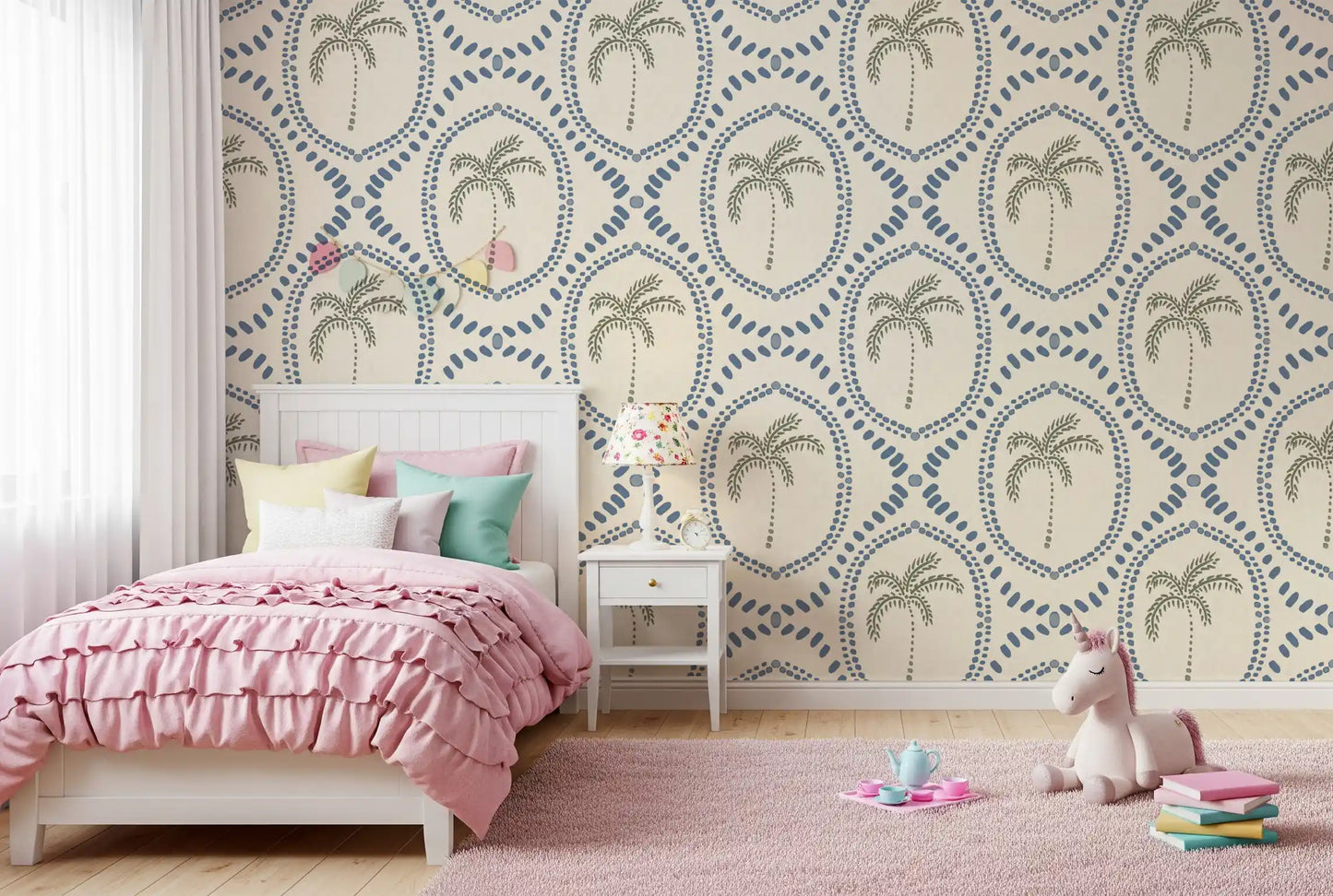 Sage palms anchor every oval centre across Beachy Boho Palm Slate Blue wallpaper.
