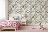 Sage palms anchor every oval centre across Beachy Boho Palm Slate Blue wallpaper.
