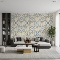 Living room holds quiet boho rhythm from Beachy Boho Palm Oasis Slate Blue wallpaper.
