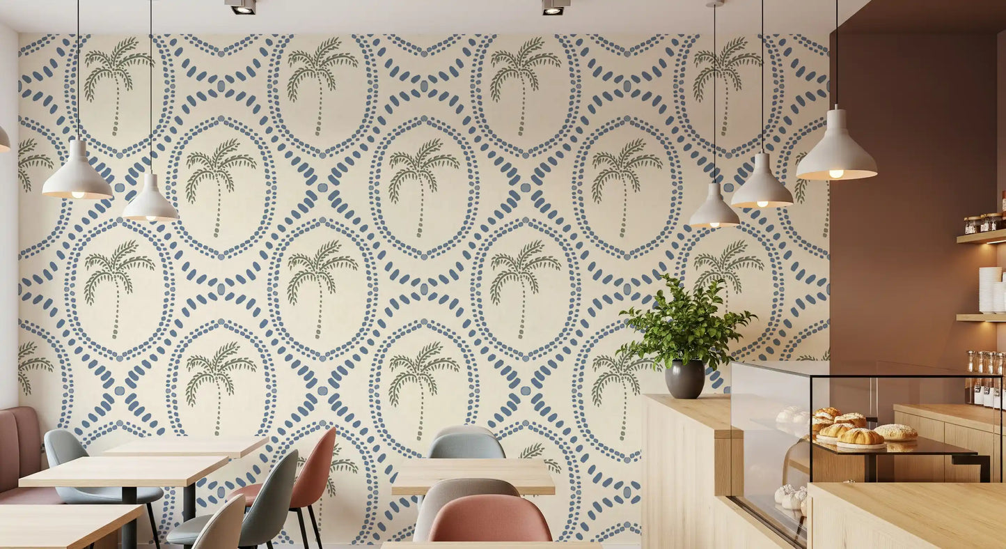 Two dotted ring layers frame each shape on Beachy Boho Palm Oasis Slate Blue wallpaper.