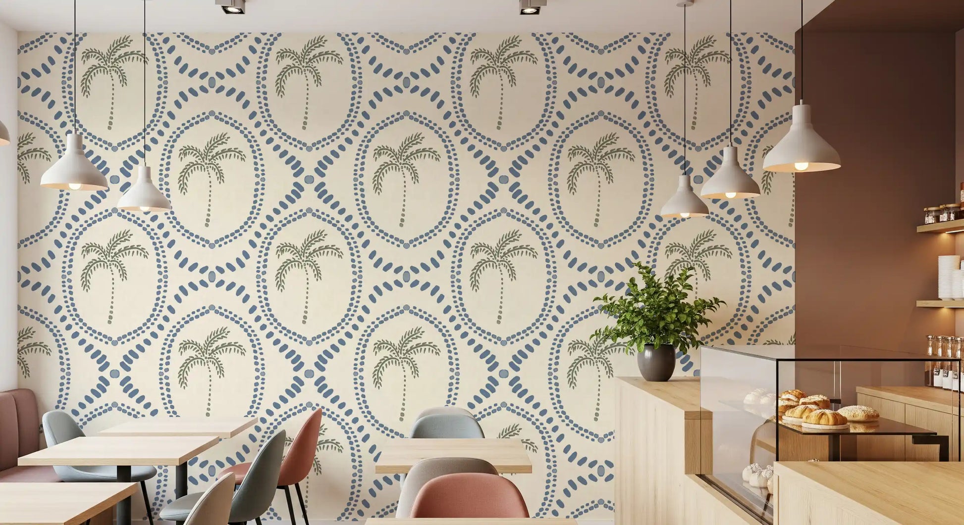 Two dotted ring layers frame each shape on Beachy Boho Palm Oasis Slate Blue wallpaper.