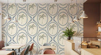 Two dotted ring layers frame each shape on Beachy Boho Palm Oasis Slate Blue wallpaper.