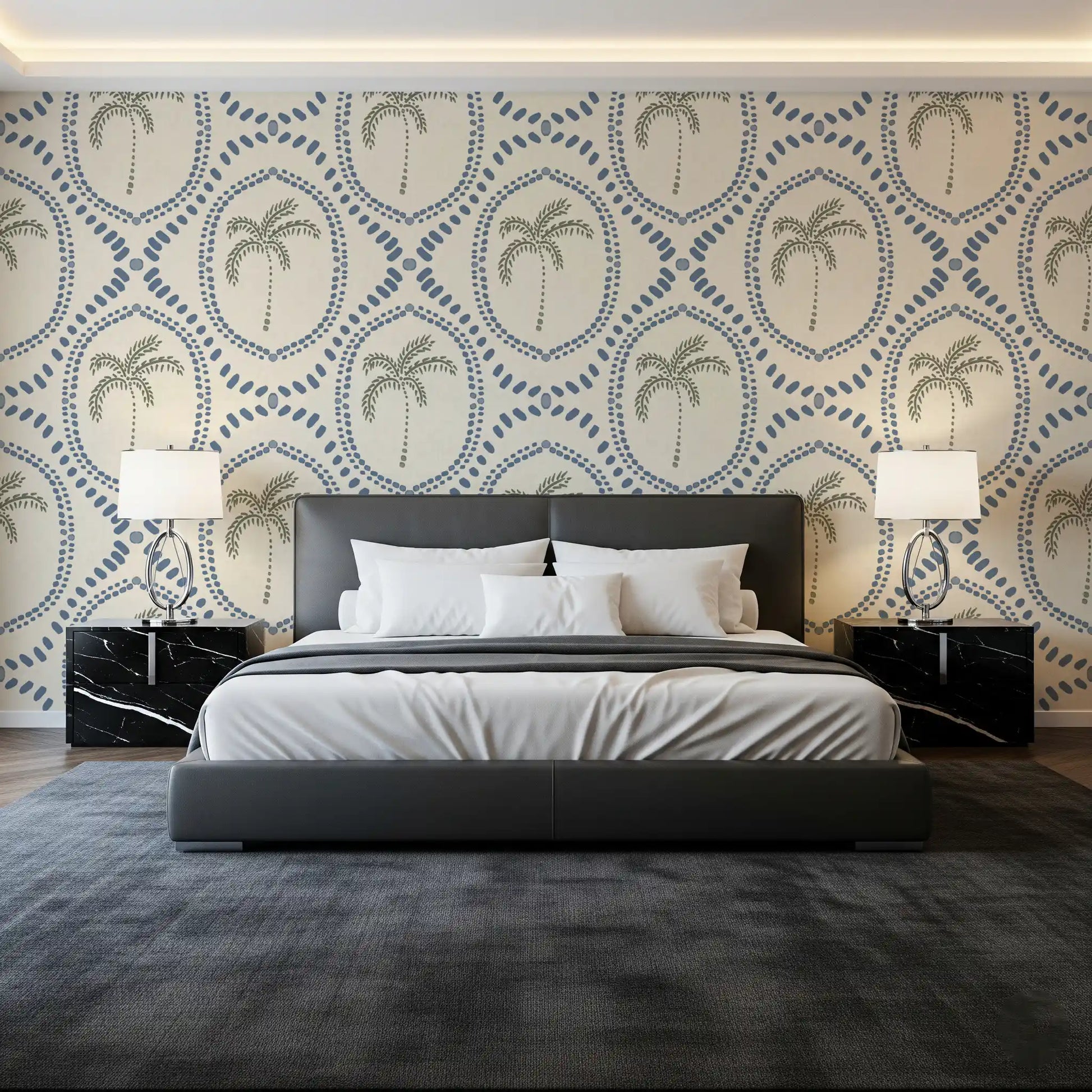 A Bedroom breezier with Beachy Boho Palm Slate Blue wallpaper across the wall.