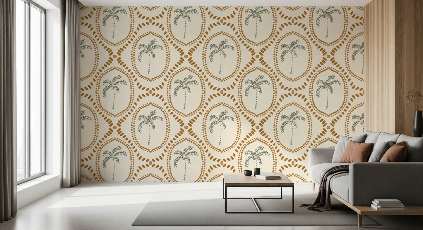 Lounge corner reads softer behind the cream backdrop of Beachy Boho Palm Golden wallpaper.