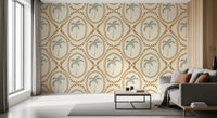 Lounge corner reads softer behind the cream backdrop of Beachy Boho Palm Golden wallpaper.