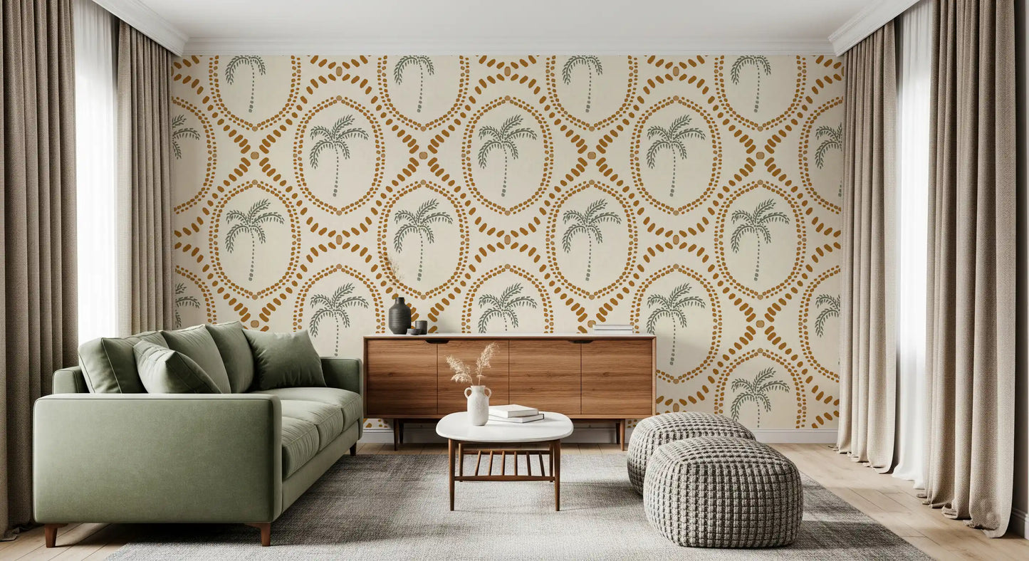 Living room space picks up earthy boho rhythm with Beachy Boho Palm Oasis Golden wallpaper.