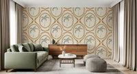 Living room space picks up earthy boho rhythm with Beachy Boho Palm Oasis Golden wallpaper.