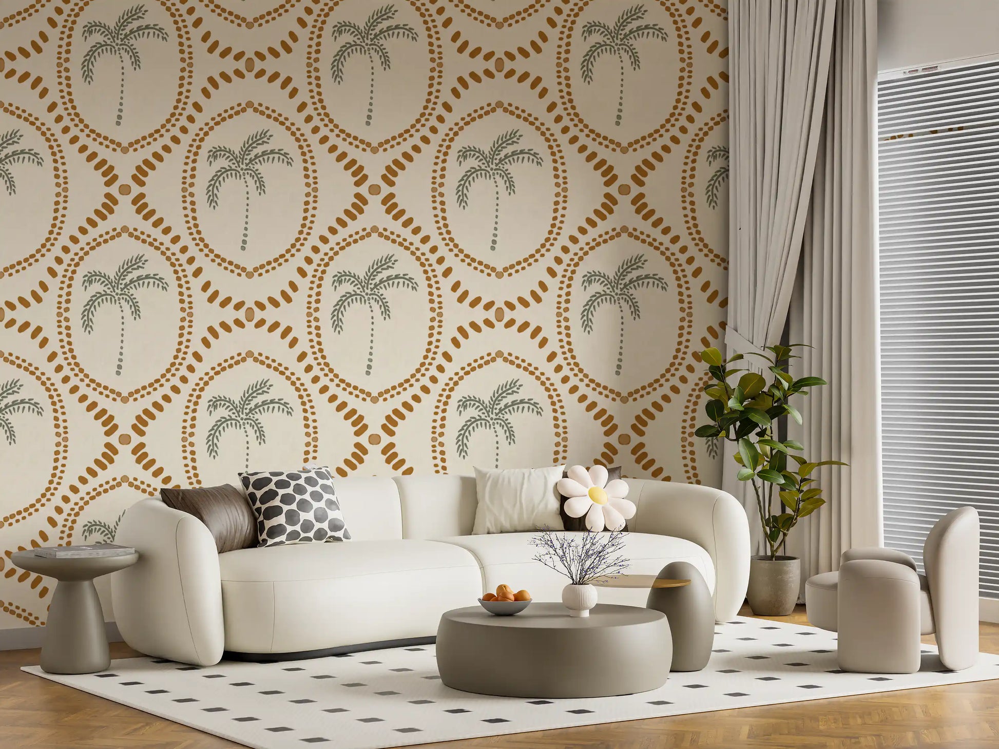 Two layered dot rings frame each shape on Beachy Boho Palm Oasis Golden wallpaper.