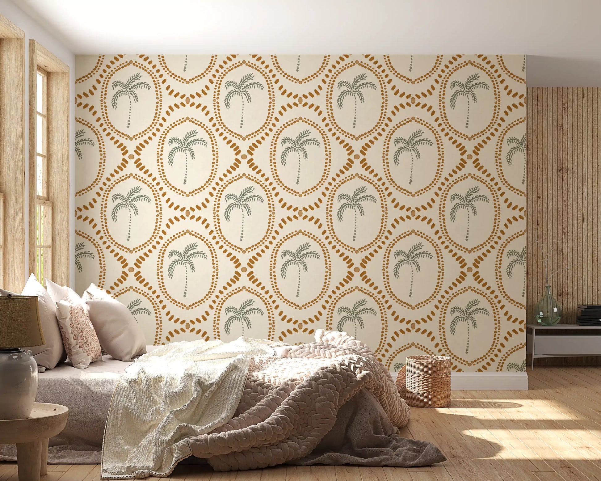 Bedroom holds quiet warmth from Beachy Boho Palm Oasis Golden wallpaper across the back.