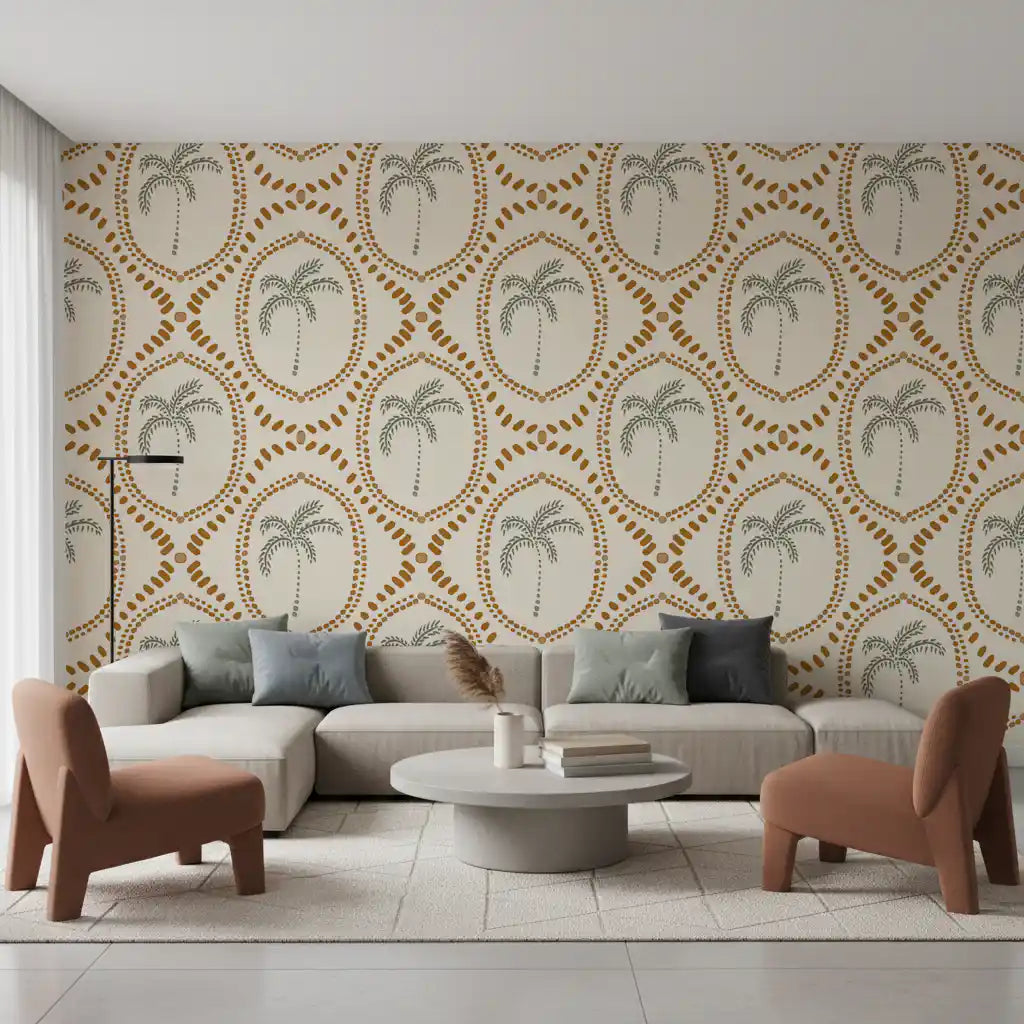 Sage palms anchor every oval medallion in this Beachy Boho Palm Golden wallpaper repeat.