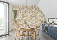 Dining space stretches calmer through this Beachy Boho Palm Golden bead wallpaper.