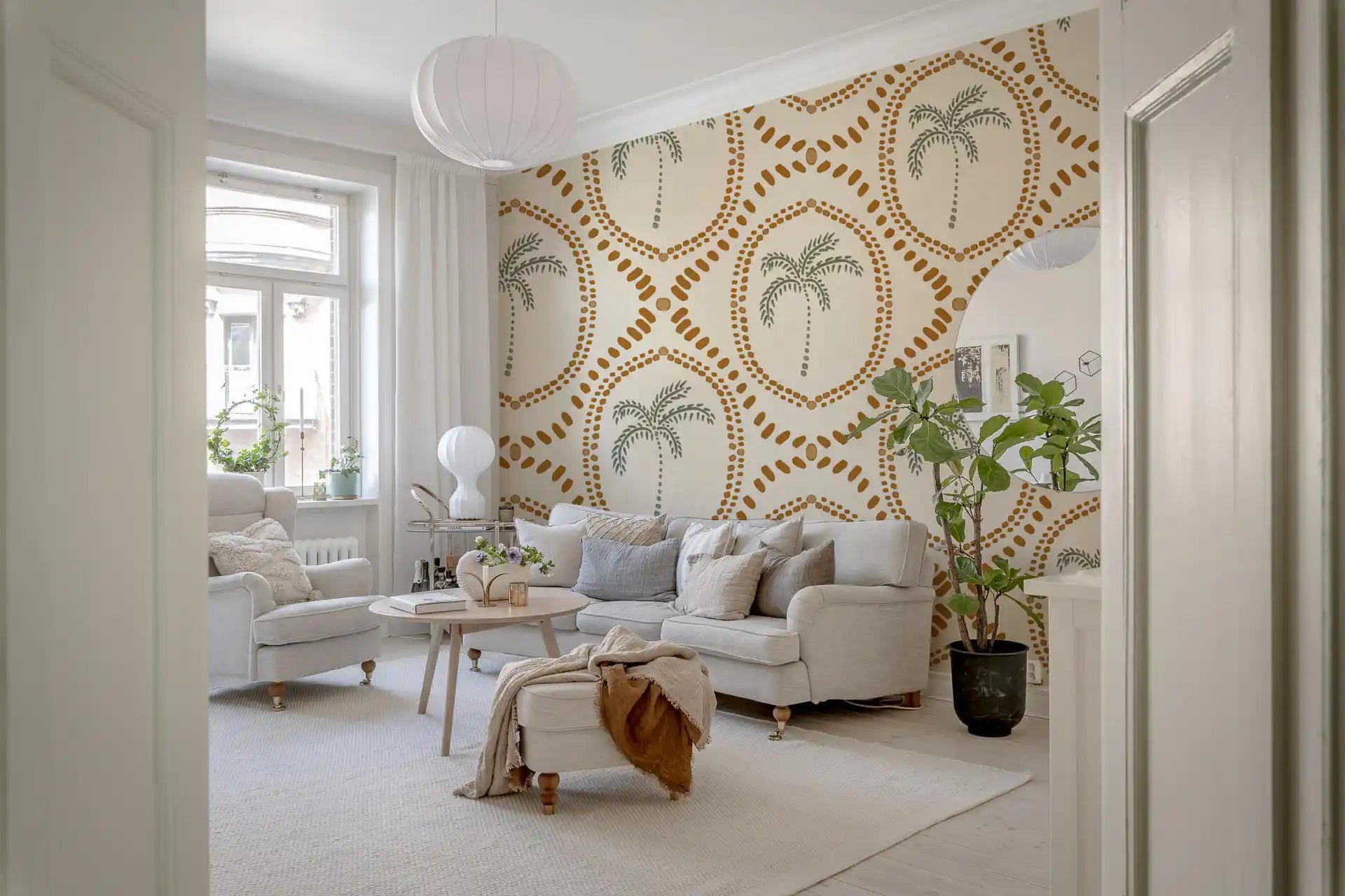 Warm gold bead bands ring each palm motif on Beachy Boho Palm Oasis Golden wallpaper.
