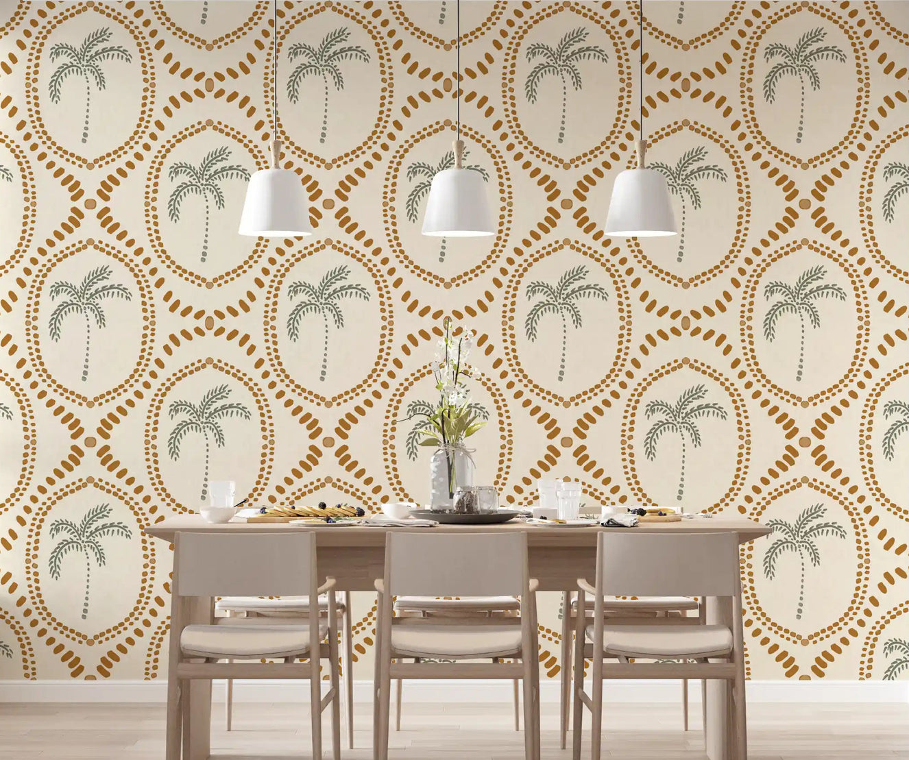 Beachy Boho Palm Oasis Golden wallpaper warms the dining area with bead medallion detail.