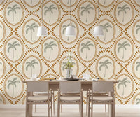 Beachy Boho Palm Oasis Golden wallpaper warms the dining area with bead medallion detail.