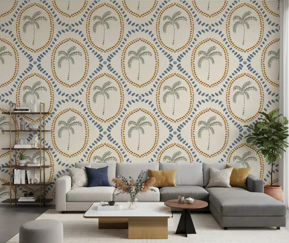 Beachy Boho Palm Oasis wallpaper carries a coastal feel across the living room sofa .