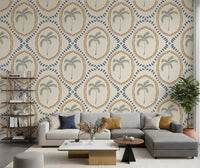 Beachy Boho Palm Oasis wallpaper carries a coastal feel across the living room sofa .