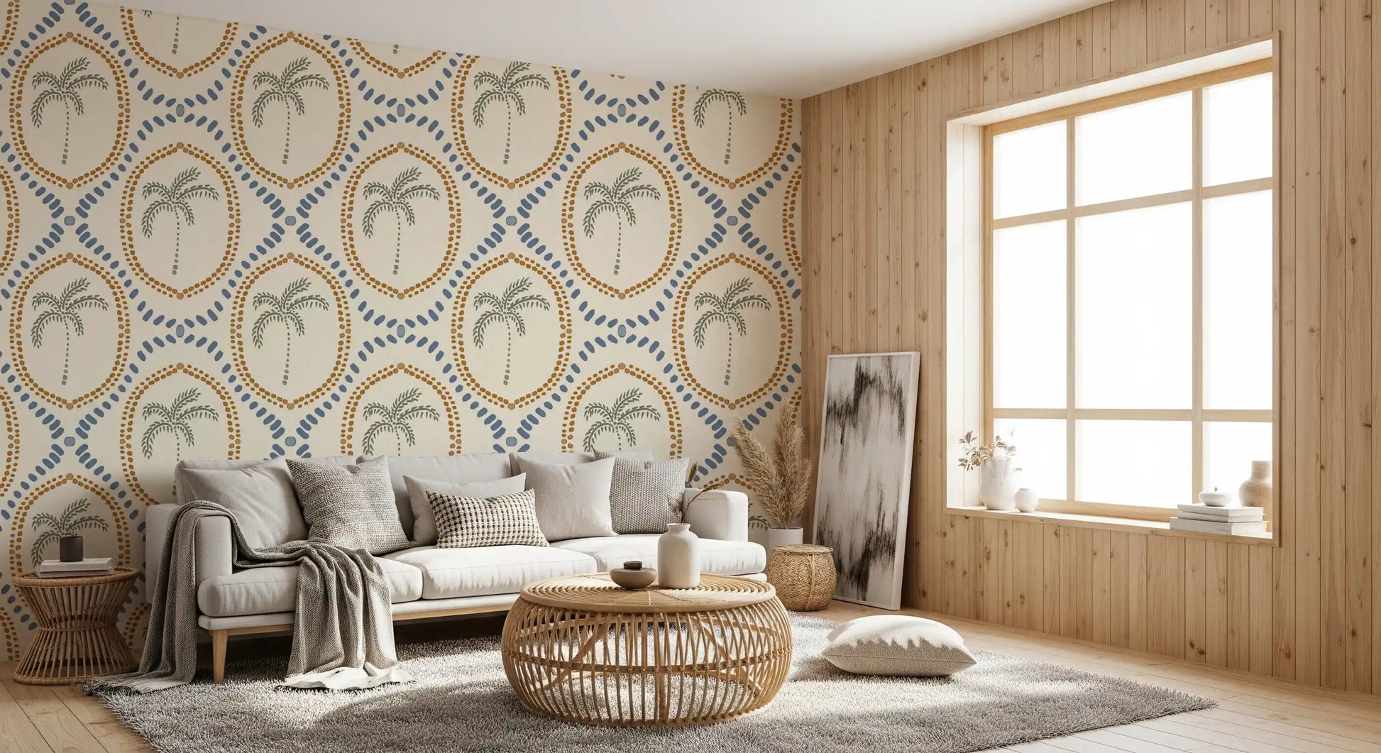 Living area picks up warm boho rhythm with this Beachy Boho Palm Oasis wallpaper backdrop.