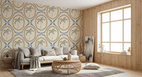 Living area picks up warm boho rhythm with this Beachy Boho Palm Oasis wallpaper backdrop.