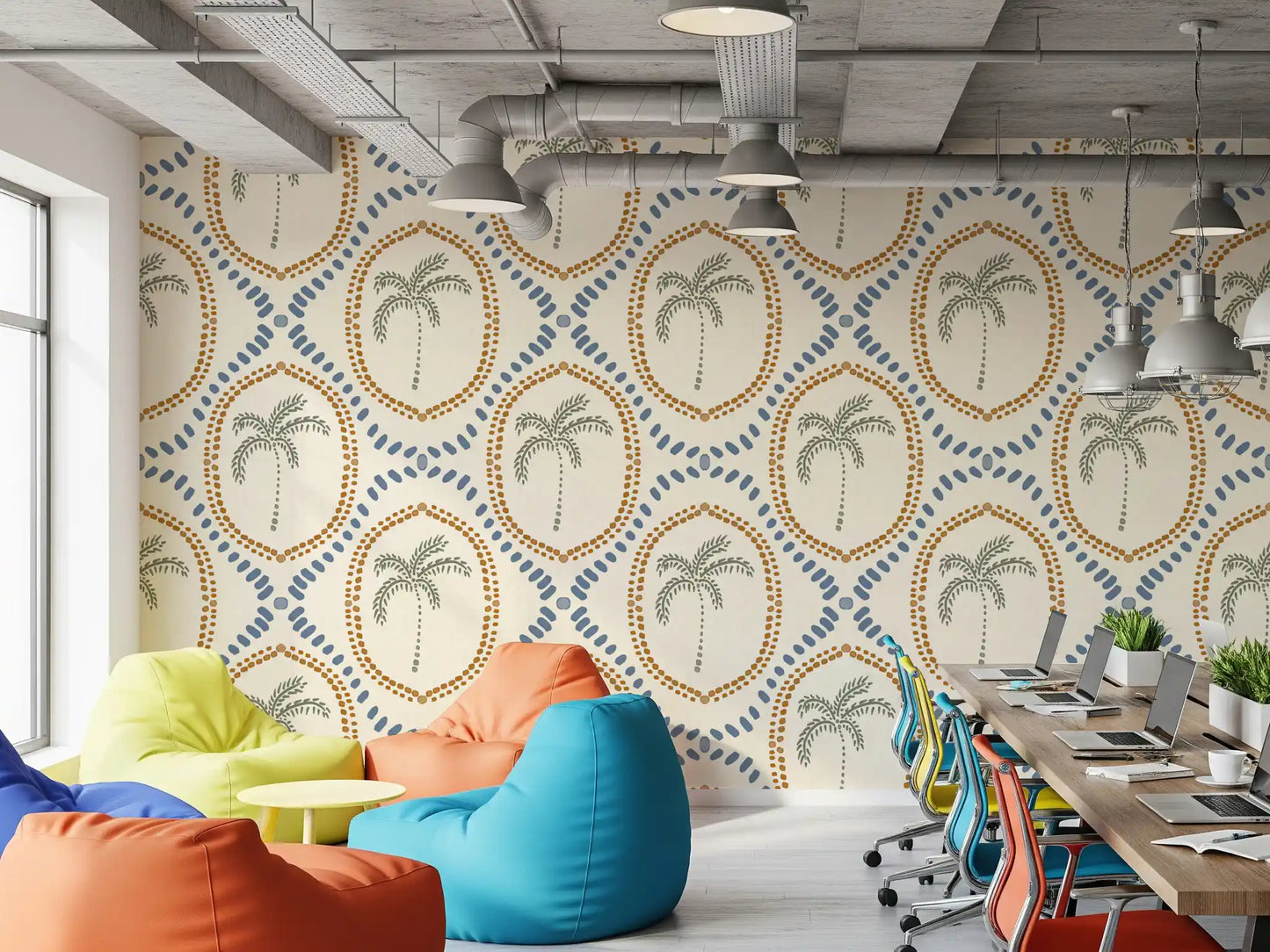 Office workplace with this Beachy Boho Palm wallpaper and its golden bead detail.